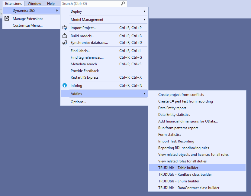 Dynamics 365 add-ins menu with TRUDUtils installed