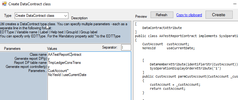 Data contract class builder dialog